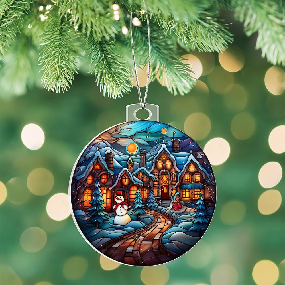 Festive Christmas acrylic ornament with snowman, winter village, and snowy path, hanging on a tree, perfect holiday decor.