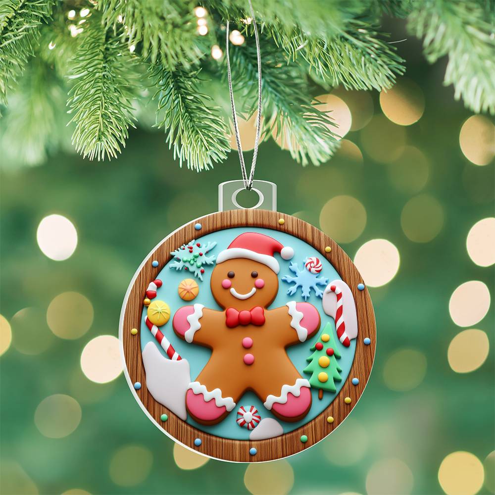 Christmas acrylic ornament featuring a gingerbread man with candy canes and snowflakes, hanging on a festive tree.