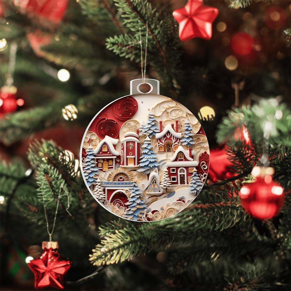 Christmas acrylic ornament featuring a snowy holiday town with cottages and pines, hanging on a decorated Christmas tree.