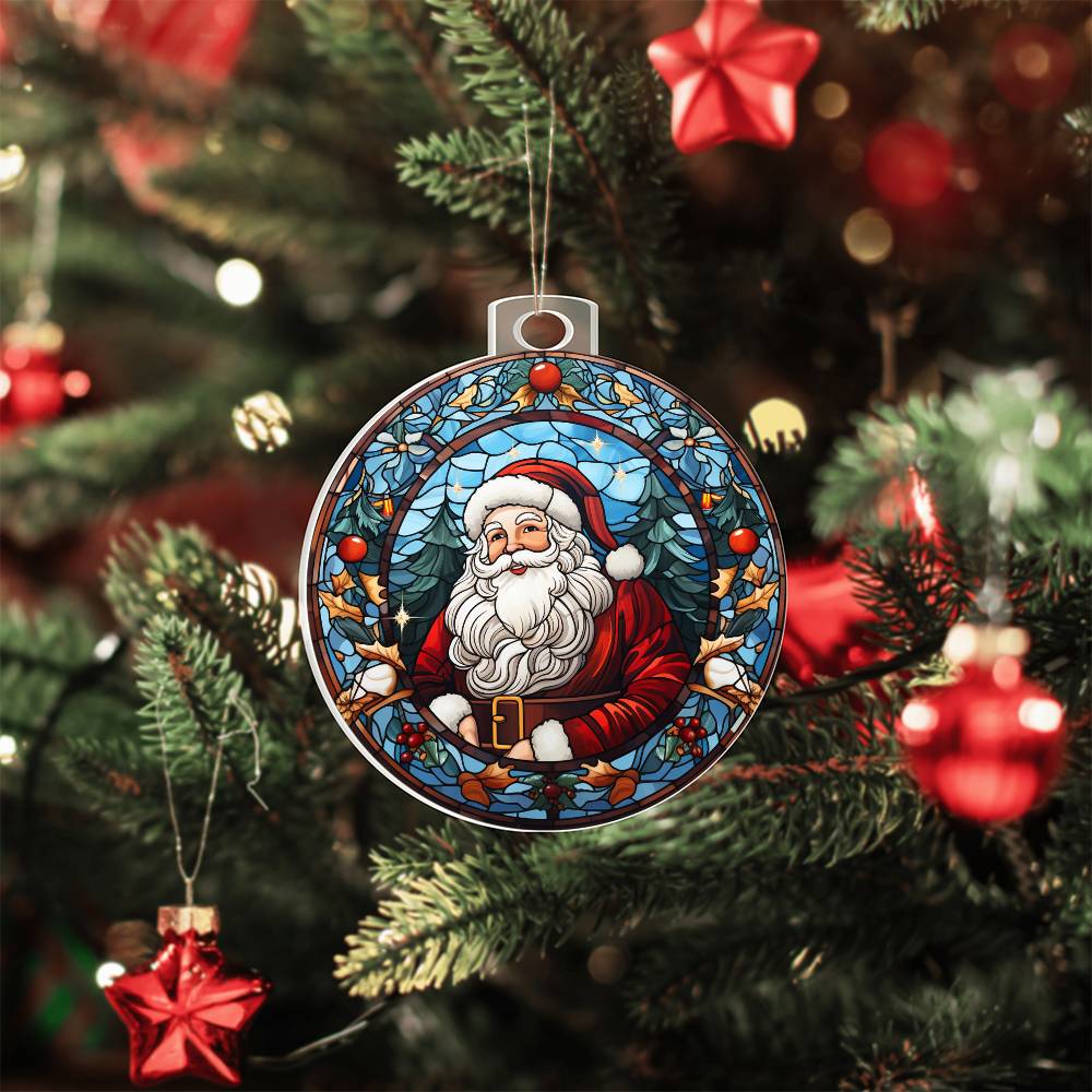 Festive acrylic ornament featuring Santa with holly and stained-glass effect, hanging on a Christmas tree. Perfect for holiday decor.