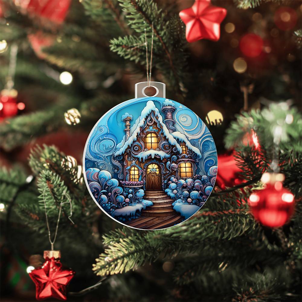 Christmas acrylic ornament featuring a snowy cottage on a decorated tree, perfect for adding enchantment to holiday decor.