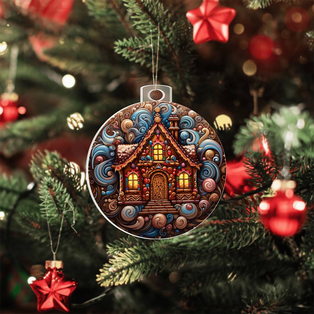 Christmas acrylic ornament featuring a gingerbread house with candy swirls, hanging on a festive tree.