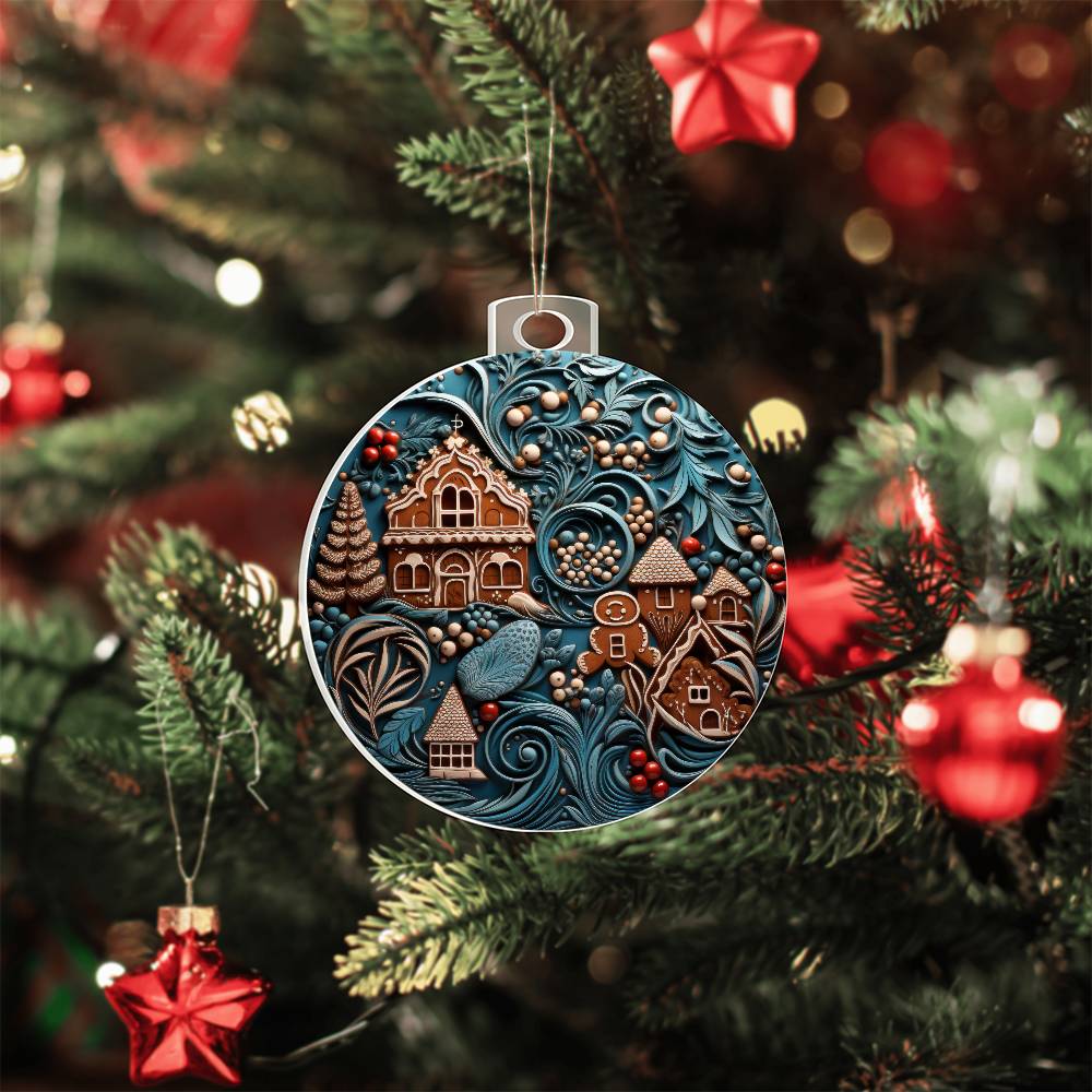 Acrylic Christmas ornament featuring a whimsical gingerbread village hung on a festive tree with red baubles and greenery.