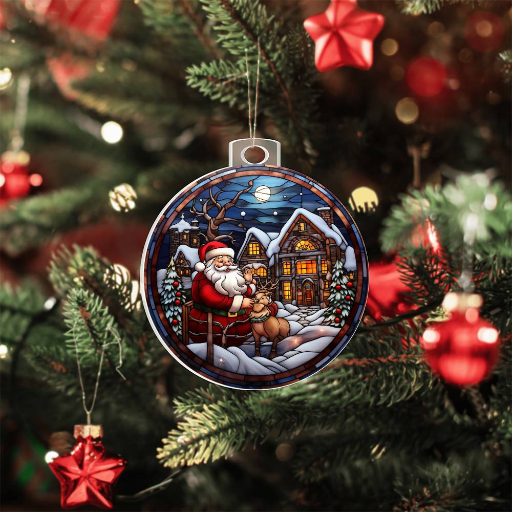 Christmas acrylic ornament with Santa and reindeer set in a snow-covered village, hanging on a festive tree.