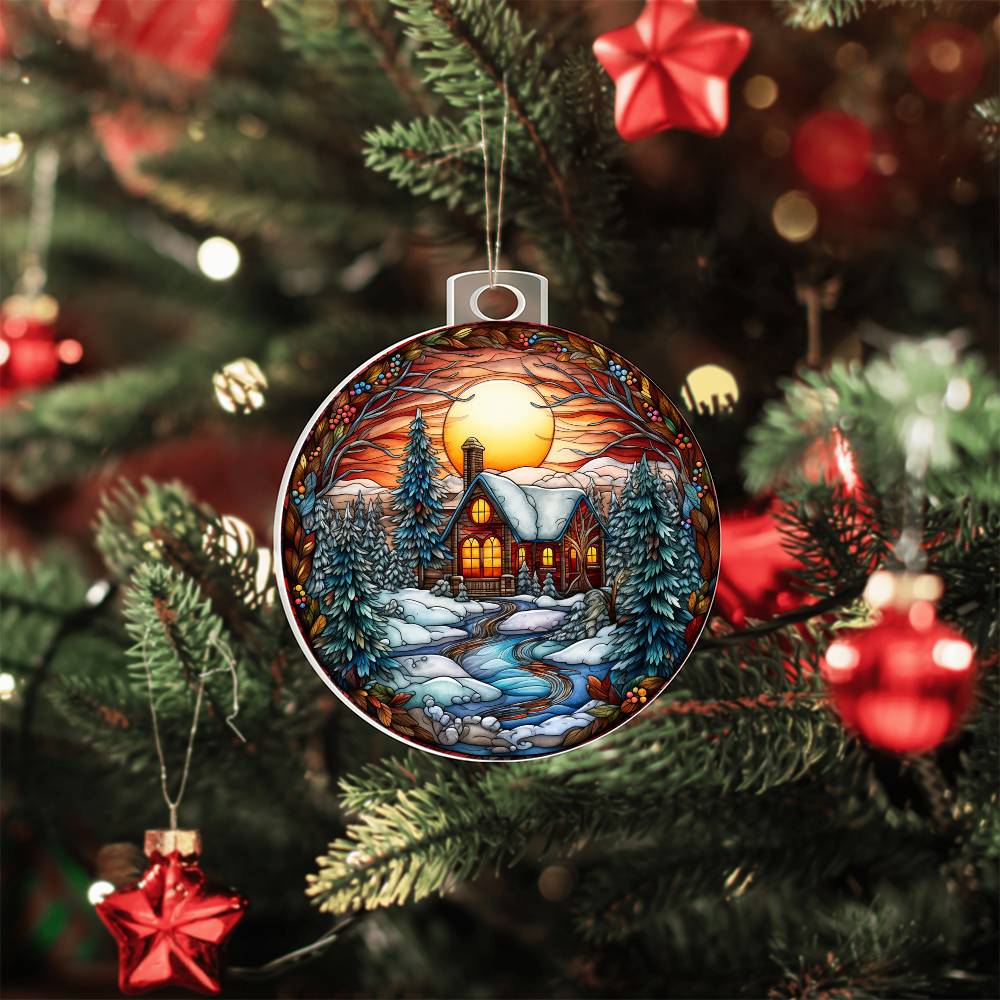 Christmas tree with acrylic ornament featuring a cozy cabin, snow-covered trees, and glowing sunset sky, adding rustic charm.