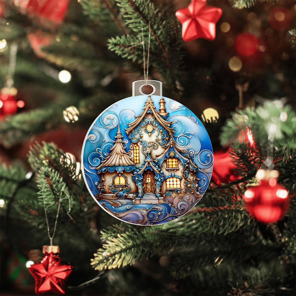 Enchanted snowy manor acrylic Christmas ornament hanging on a festive tree with red baubles, featuring intricate swirls and golden lights.