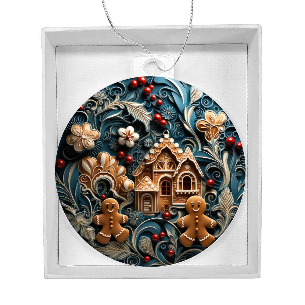 Christmas acrylic ornament with gingerbread house and floral design, festive decor for holiday cheer, gift-ready in white box.