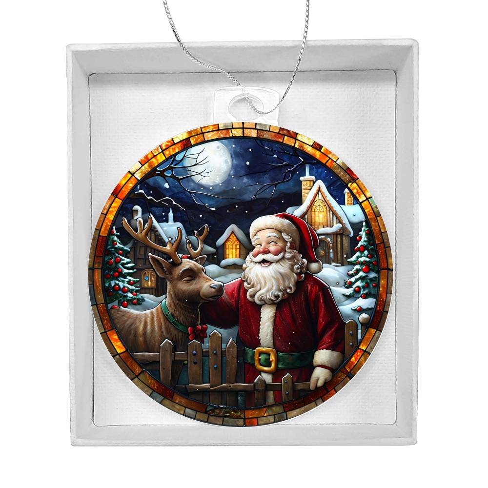 Christmas acrylic ornament featuring Santa and reindeer under moonlit sky, perfect for holiday decor, 50% off with free shipping.