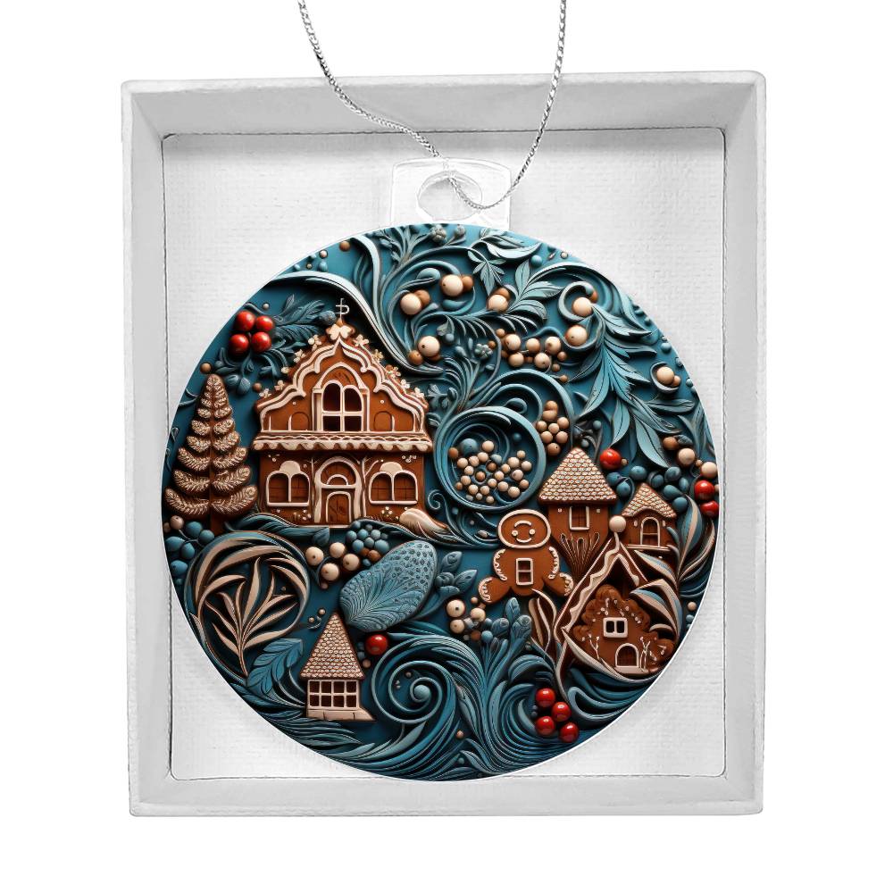 Whimsical Gingerbread Village Acrylic Ornament with Festive Foliage in Gift Box