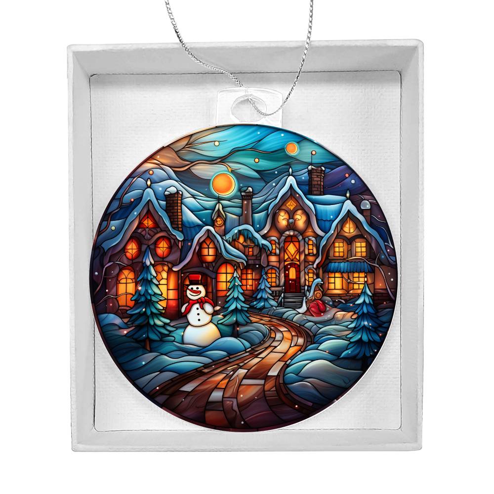 Christmas acrylic ornament with snowman, glowing winter village, and snowy pathway in gift box