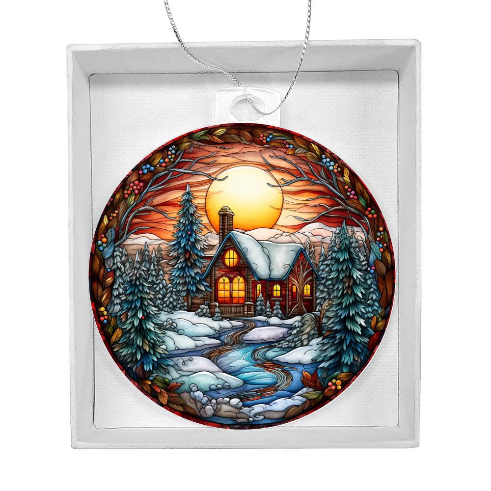 Christmas acrylic ornament featuring a cozy cabin, snowy trees, and sunset sky, perfect for holiday decor and personalized keepsakes.