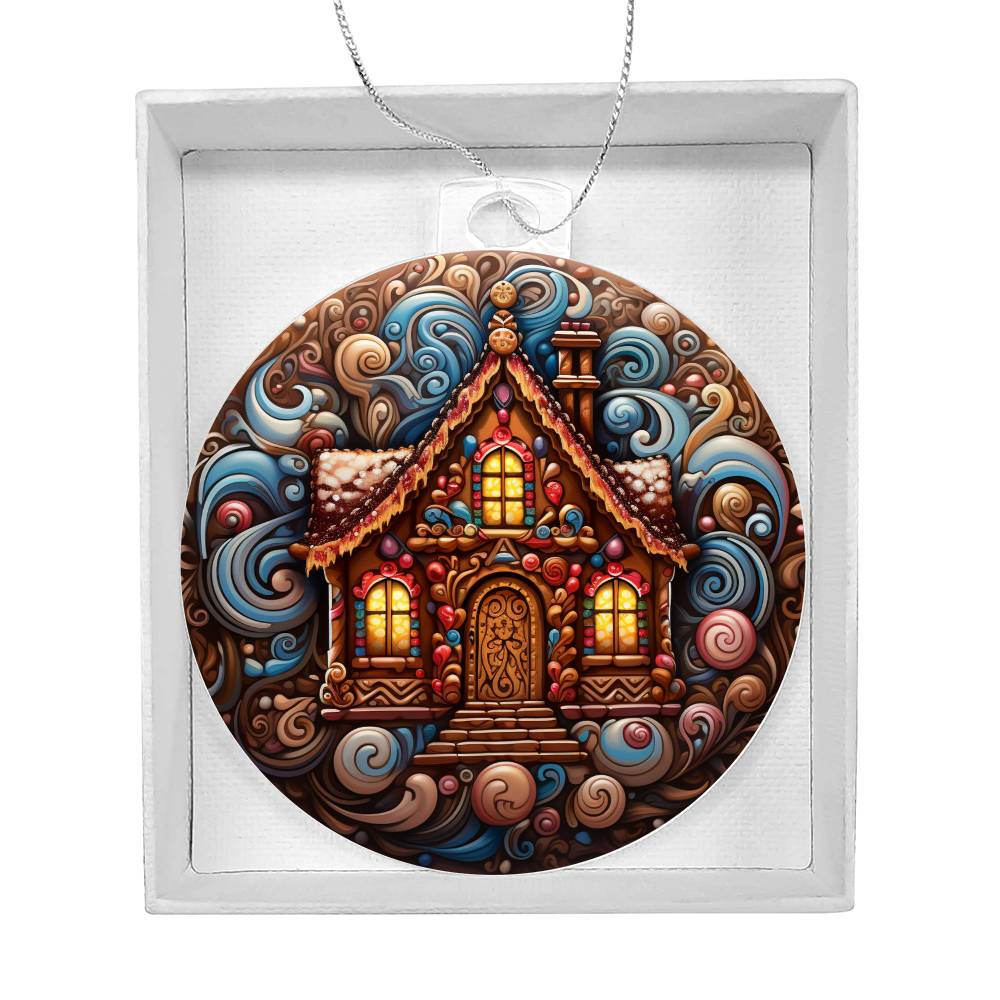 Acrylic Christmas ornament featuring a gingerbread house with swirling candy-like patterns, perfect for festive holiday decor.