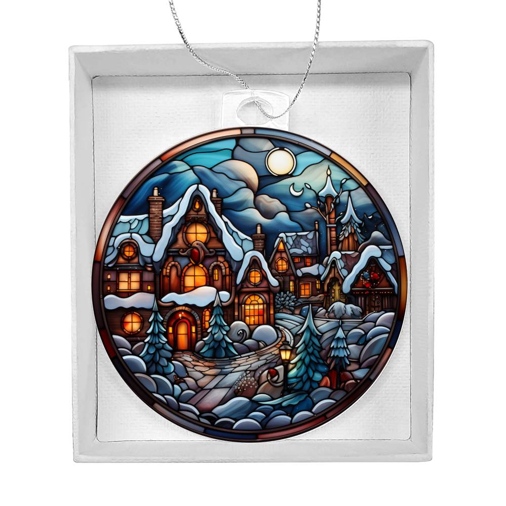 Christmas acrylic ornament featuring a moonlit snowy village with cozy cottages and glowing lights, perfect holiday decor piece.