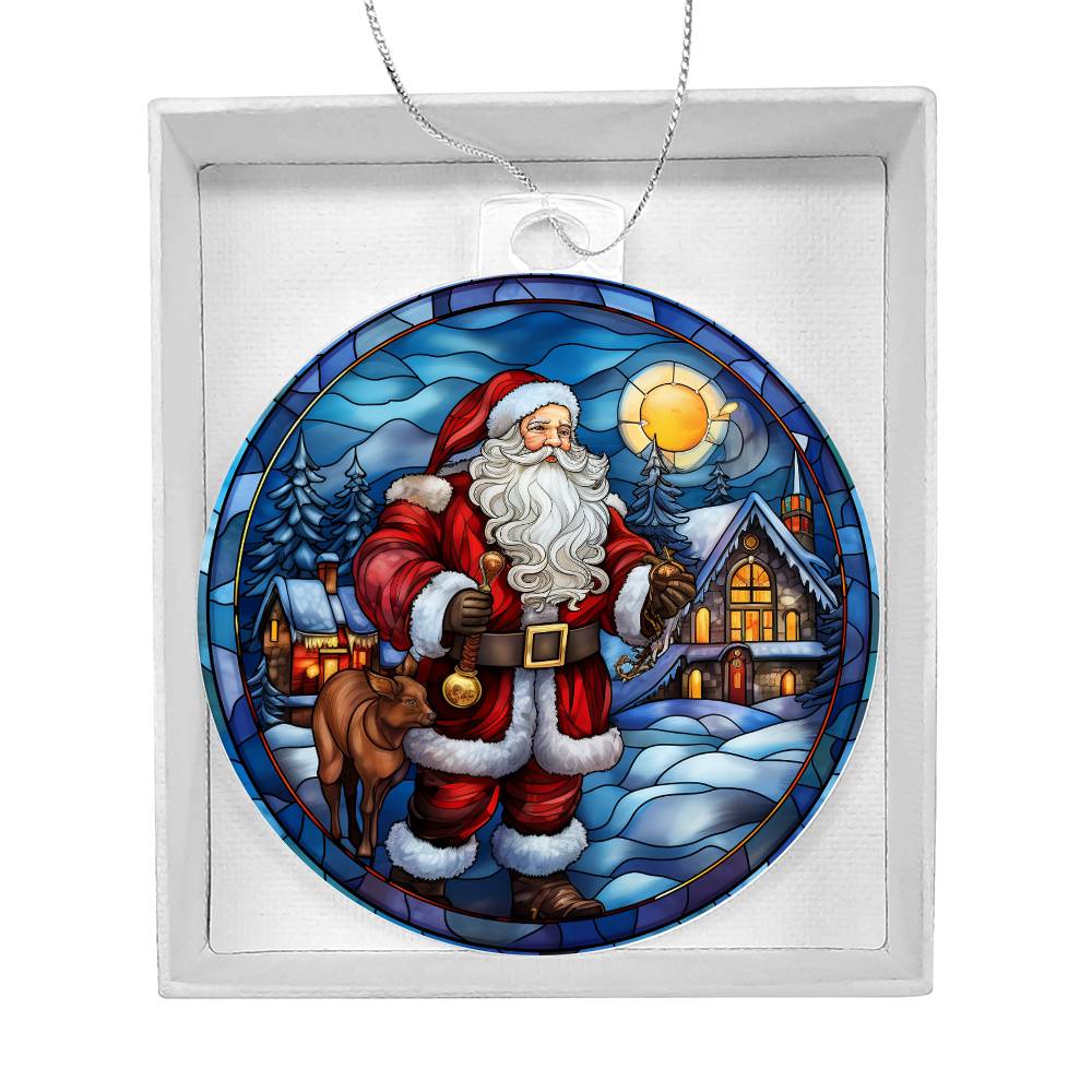 Christmas acrylic ornament featuring Santa with a snow-covered cabin and winter trees, highlighting holiday cheer and charm.