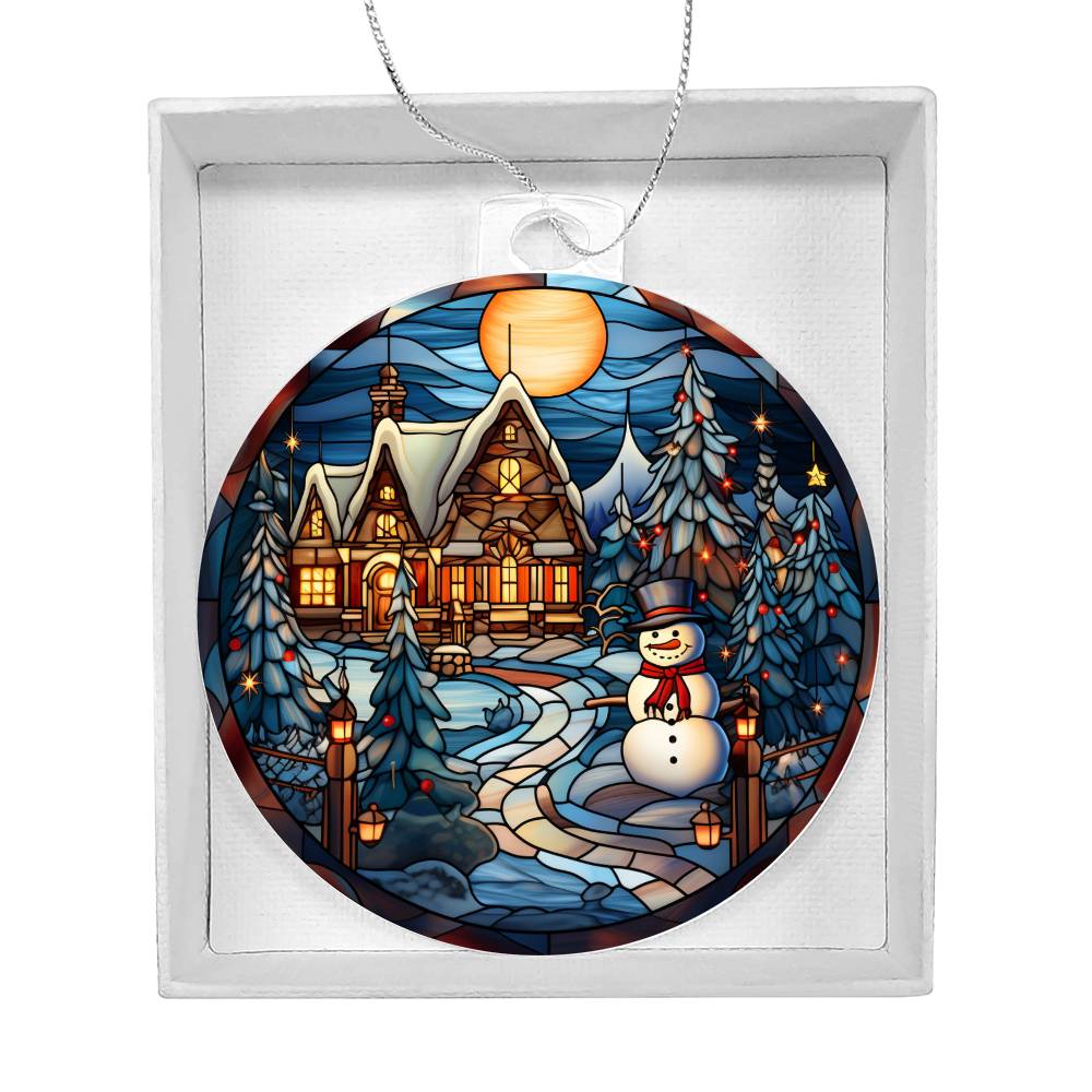 Christmas acrylic ornament featuring a snowman, cozy cottage, and snowy night scene under a full moon, perfect for festive decor.