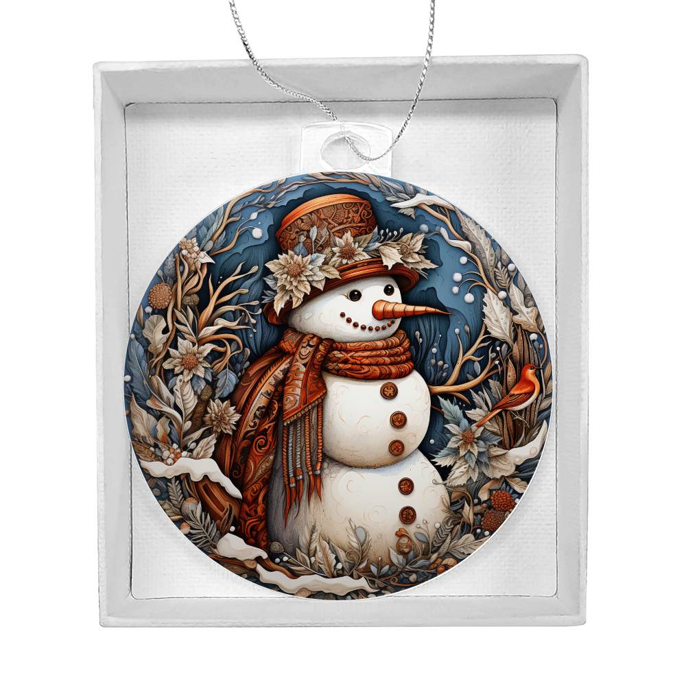 Festive snowman acrylic ornament with winter florals and cardinal, vintage charm, holiday decor, on display in gift box