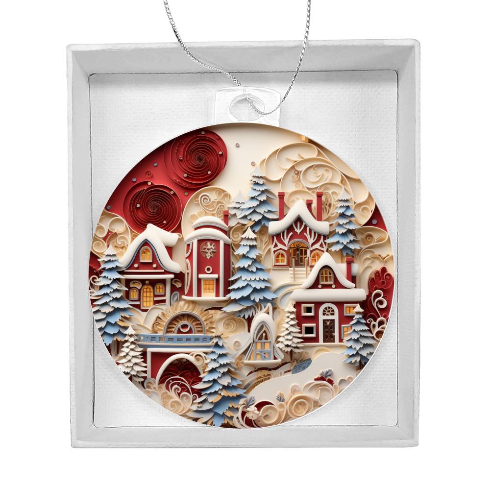 "Christmas acrylic ornament with festive snowy village scene, charming cottages, and swirling designs in presentation box"