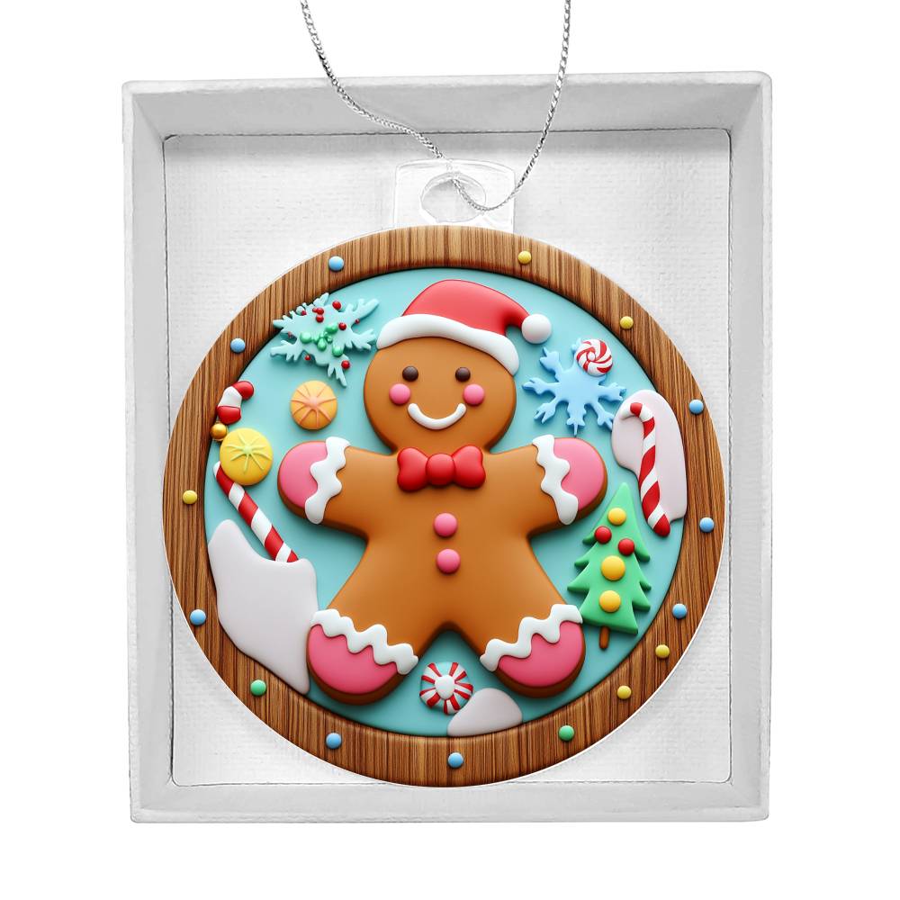 Christmas acrylic ornament featuring a gingerbread man with candy canes and snowflakes, perfect for colorful holiday decoration.