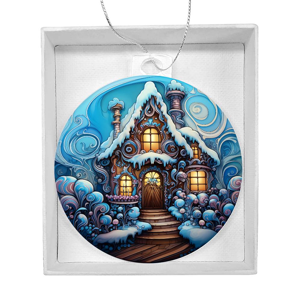 Christmas acrylic ornament with snowy cottage design, perfect for holiday decor and personalized keepsakes.