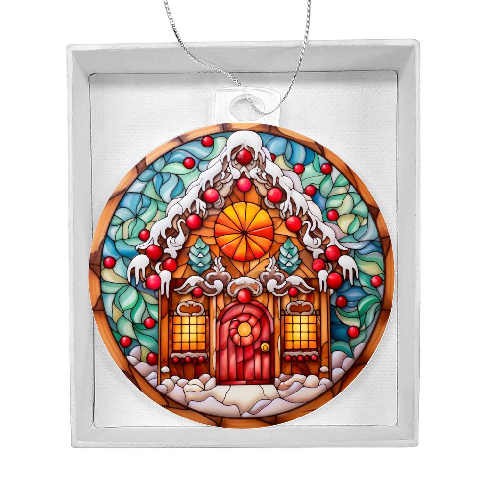 Christmas acrylic ornament featuring a stained-glass gingerbread house with festive designs, perfect for holiday decor.