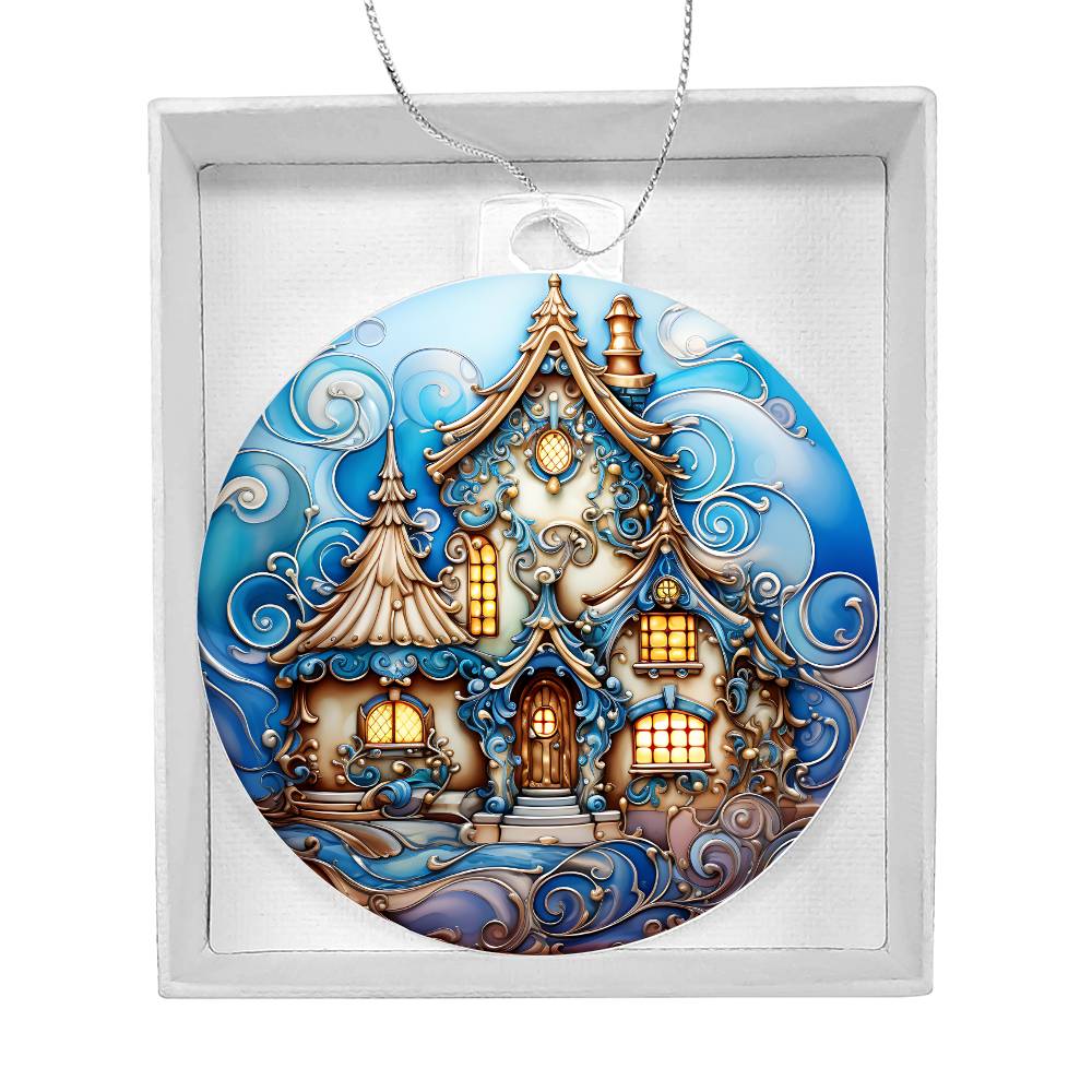 Enchanted snowy manor acrylic ornament in box with intricate swirls and golden lights, perfect for a fairy-tale Christmas atmosphere.