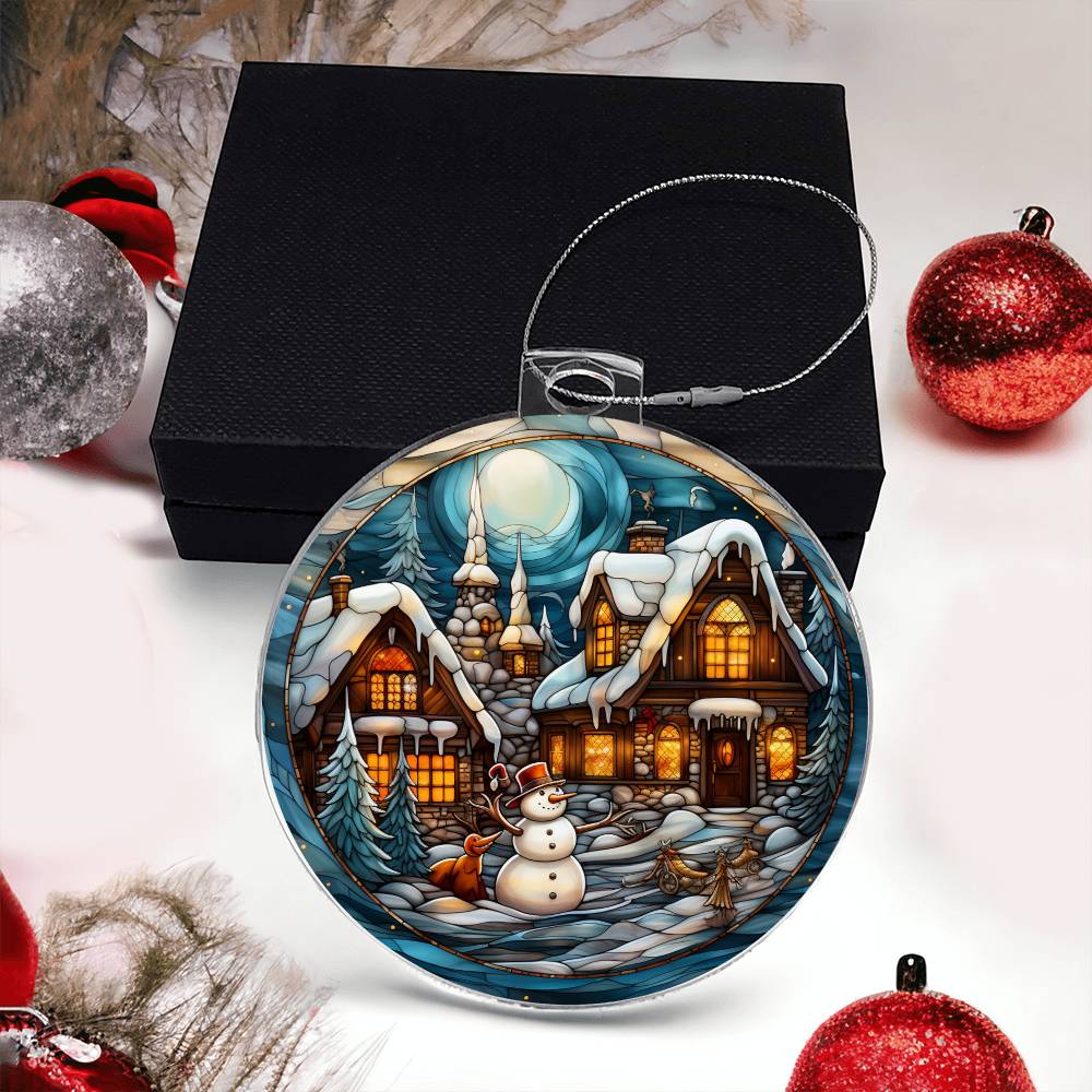 Snowy Cottage Christmas Charm Ornament with cozy village, snowman, and moonlit scene, perfect for holiday decor, now 50% off.