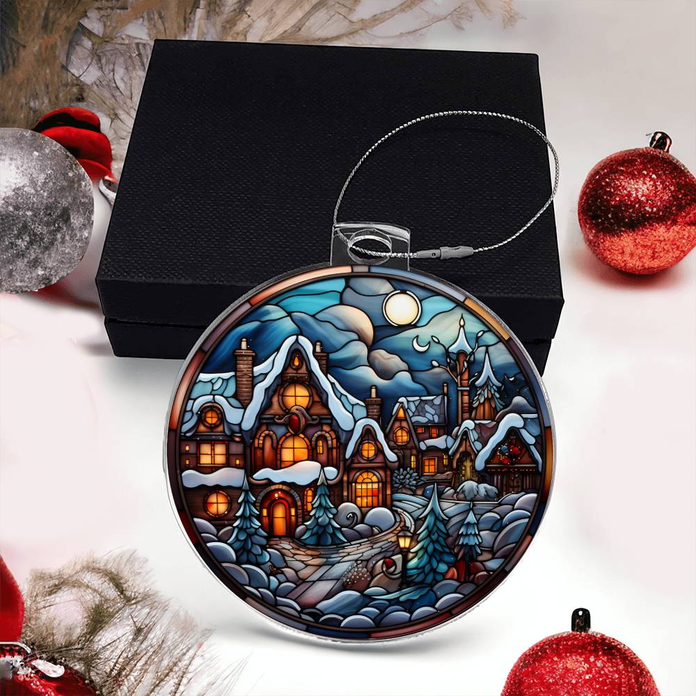 Christmas acrylic ornament featuring a moonlit snow-covered village with cozy cottages and glowing lights, perfect holiday decor.