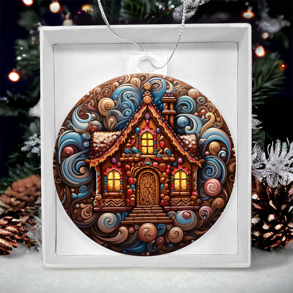 Christmas acrylic ornament with a gingerbread house and candy swirls, perfect for festive decor, personalized keepsake gift.