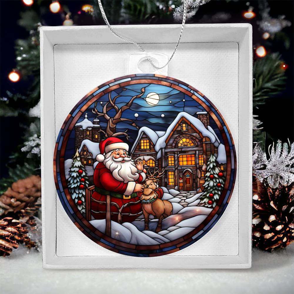 Christmas acrylic ornament featuring Santa and reindeer in a snowy village with glowing lights, perfect for holiday decor.