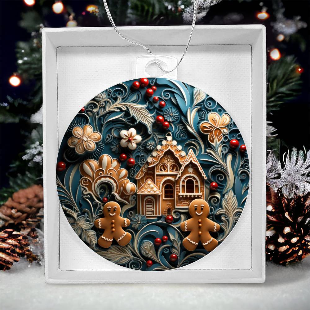 Christmas acrylic ornament with gingerbread house and floral design, festive decoration for holiday cheer, in gift box.