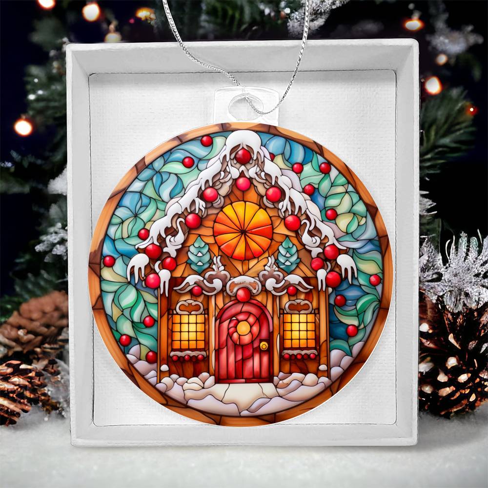 Christmas acrylic ornament with stained-glass gingerbread house design, perfect holiday decor, available at 50% off with free shipping.