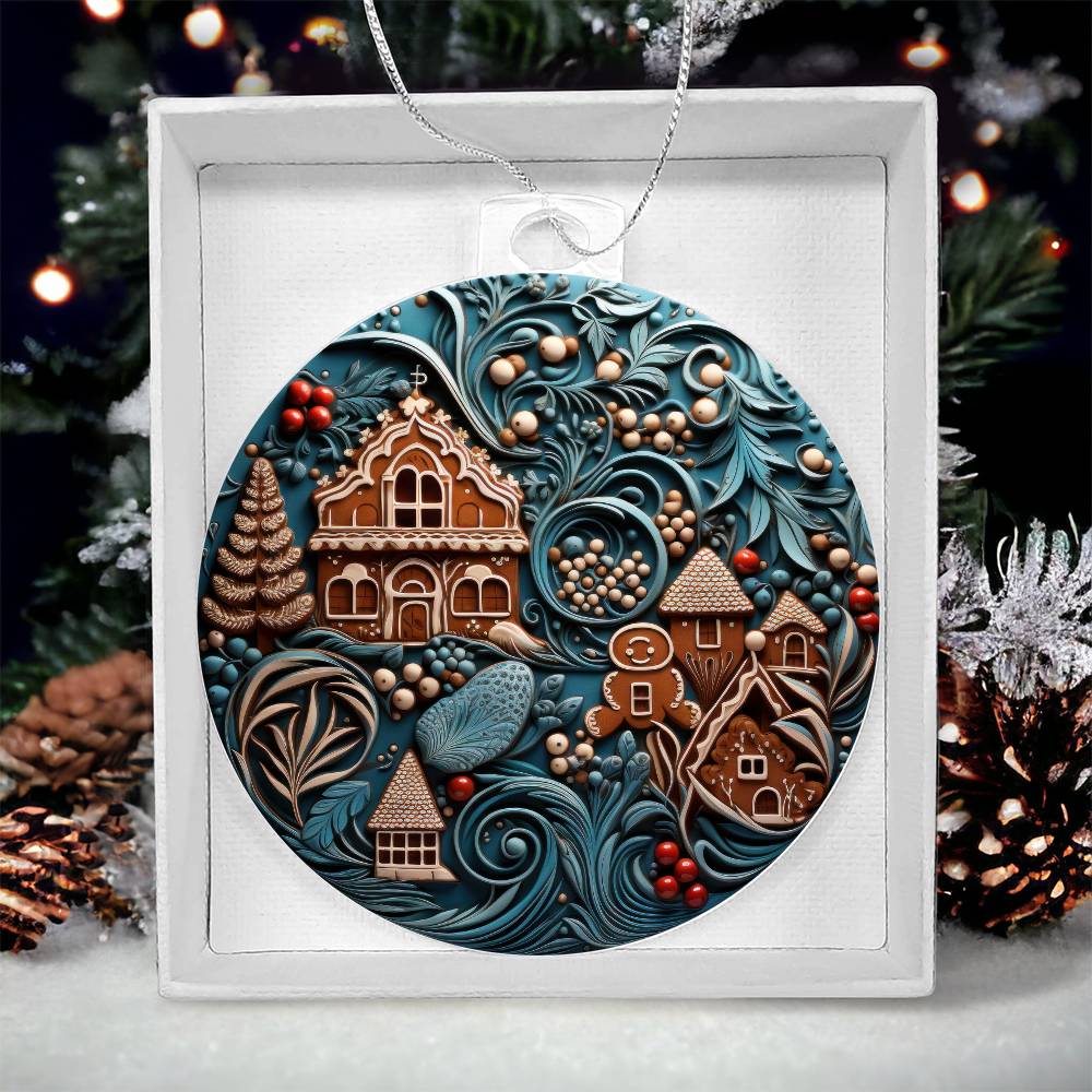 Christmas acrylic ornament with whimsical gingerbread village and festive foliage in a gift box. Perfect holiday decor piece.