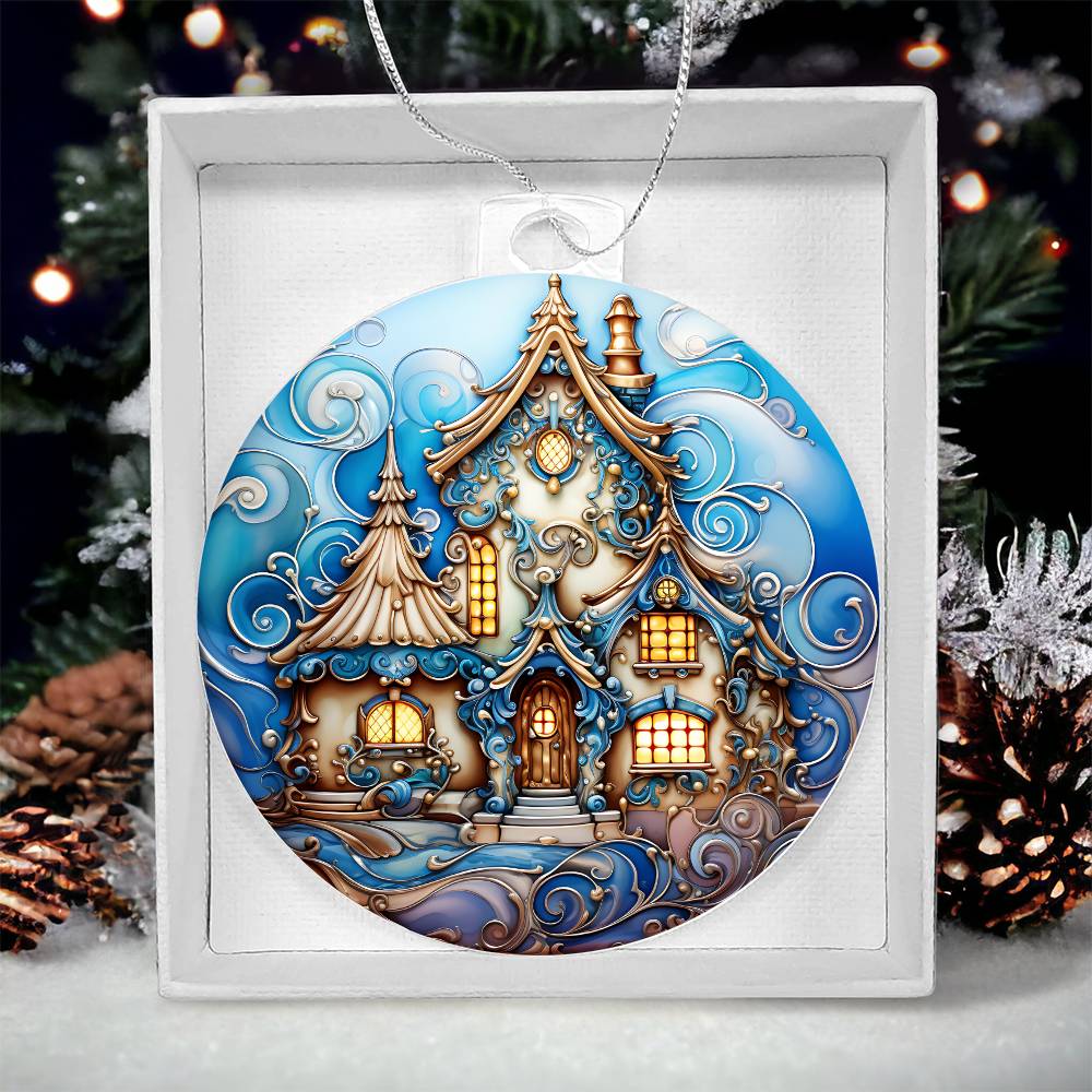 Christmas acrylic ornament with enchanted snowy manor design, featuring swirls and golden lights, boxed with holiday greenery.