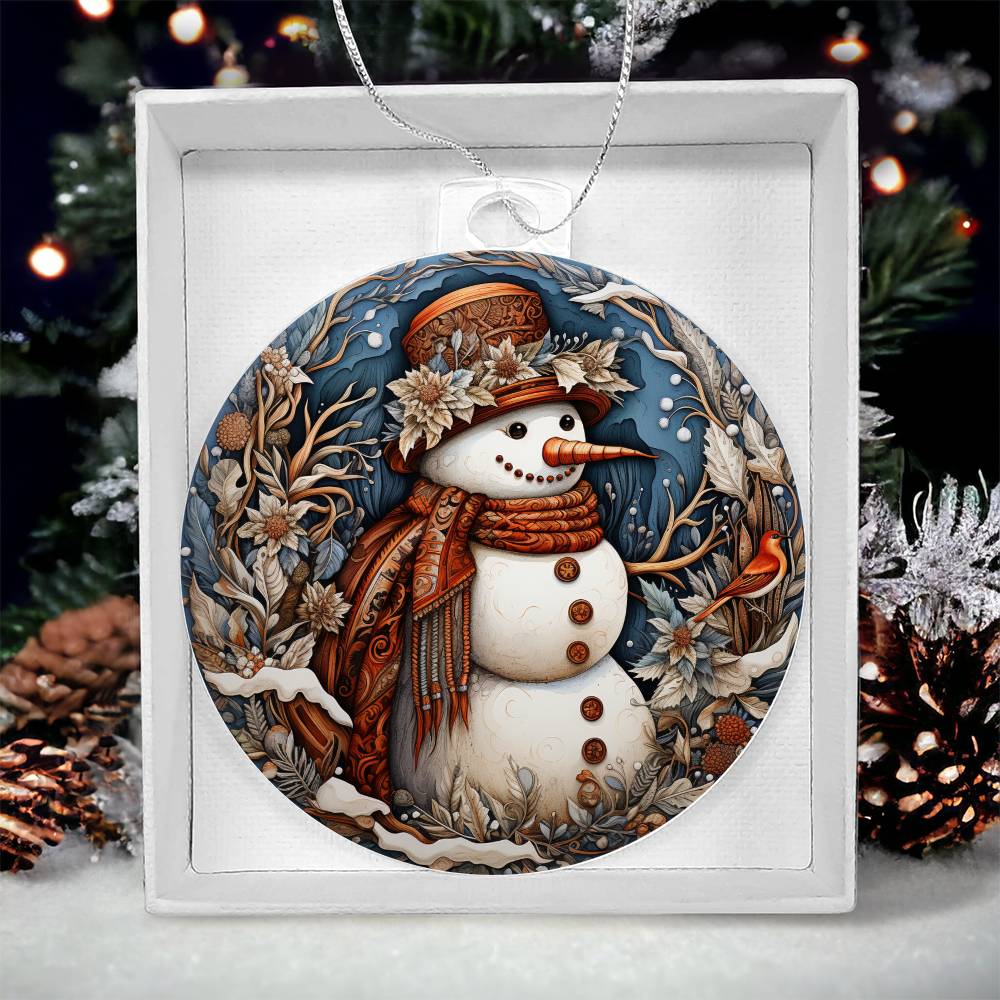 Vintage-style snowman acrylic ornament with scarf, floral accents, and cardinal in a winter scene, perfect for rustic Christmas decor.