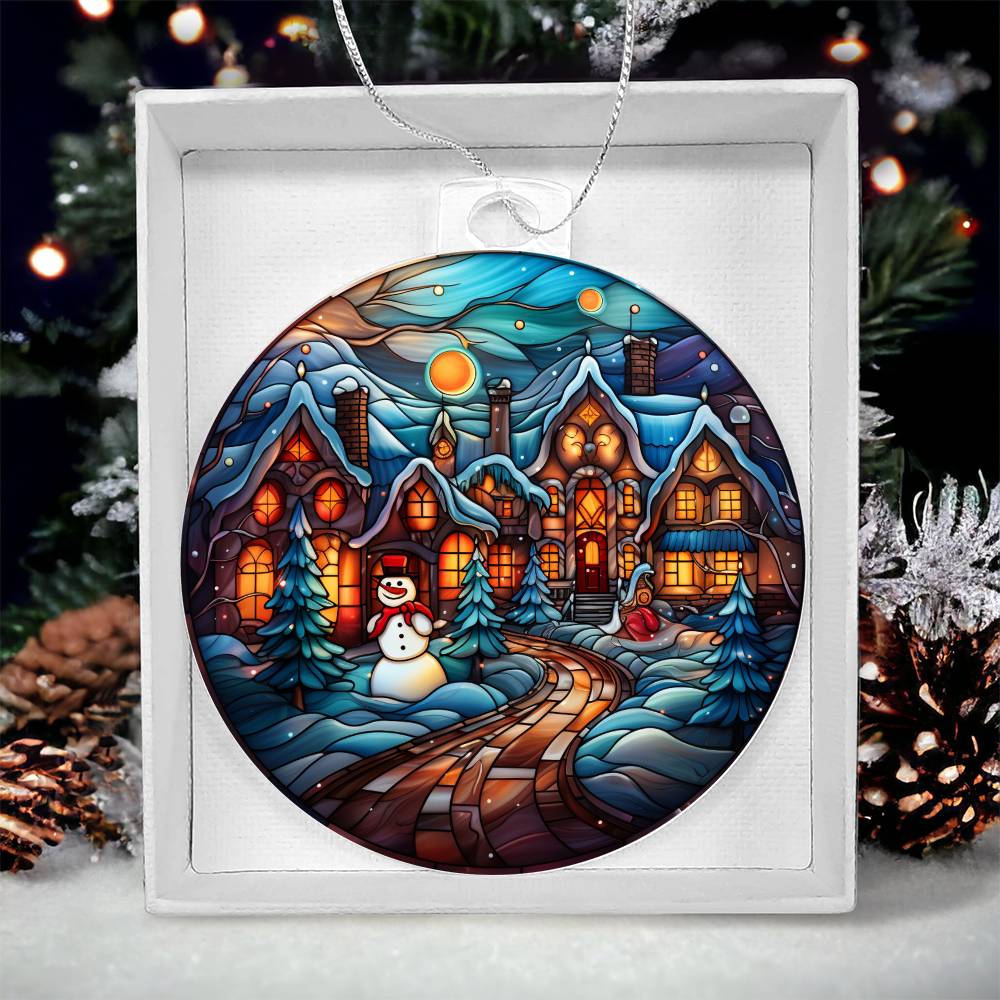 Christmas acrylic ornament depicting a snowy night village with a snowman, perfect for festive decor.