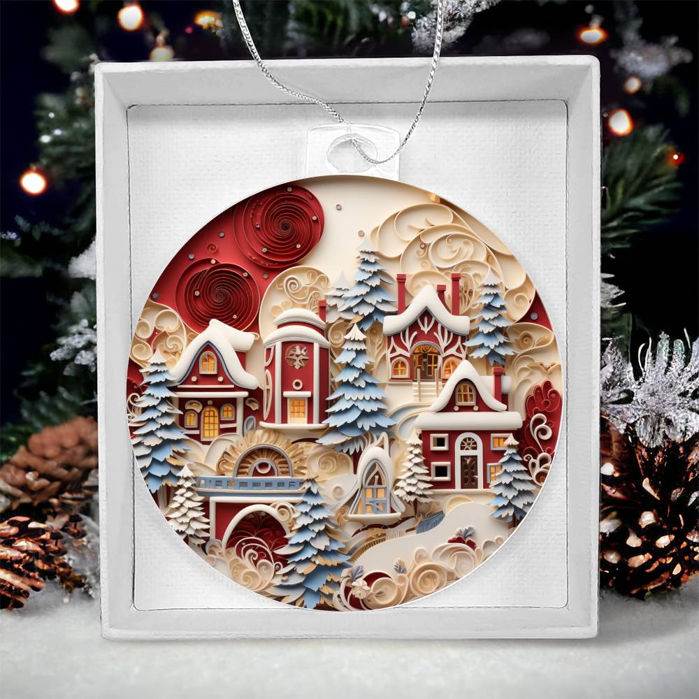 Christmas acrylic ornament with snowy village scene and festive designs in gift box.