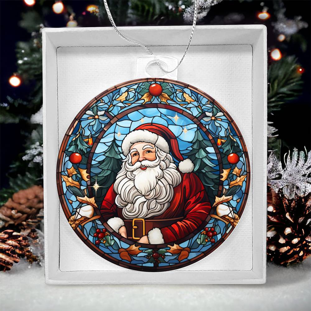 Festive Santa acrylic ornament with holly and stained-glass effect, perfect for traditional Christmas decor.