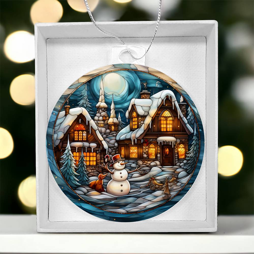 "Snowy Cottage Christmas Ornament with Snowman and Winter Village Scene in Gift Box"