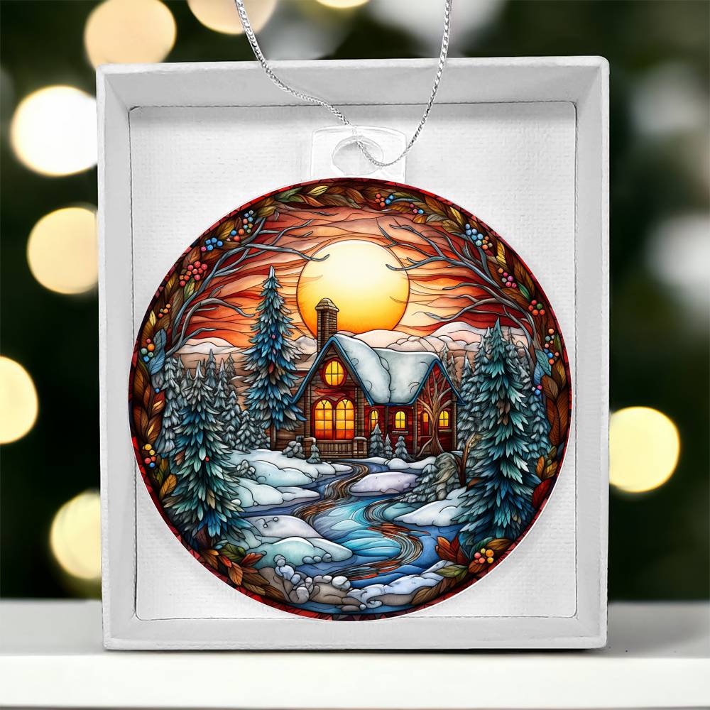 Christmas acrylic ornament featuring a cozy cabin, snow-covered trees, and sunset sky in a winter scene. Perfect holiday decor gift.