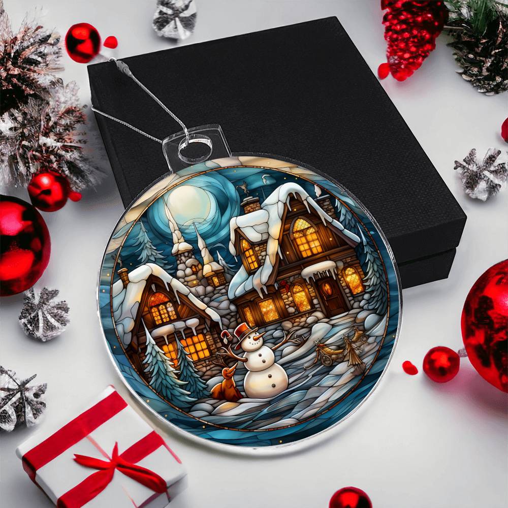 Snowy Cottage Christmas Charm acrylic ornament featuring cozy cottages, snowman, and a winter wonderland, perfect holiday decor.