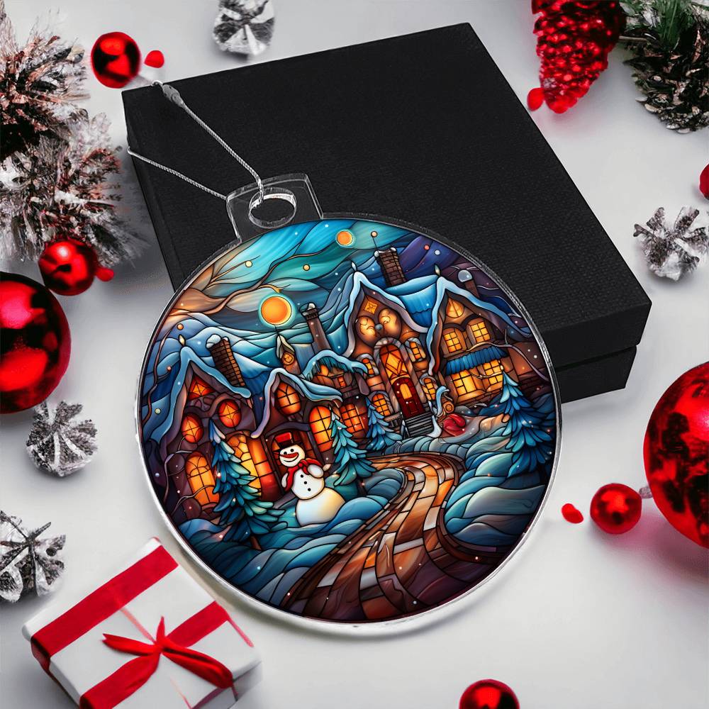 Festive Christmas acrylic ornament with snowman, glowing village, and snow-covered path, perfect holiday decor.