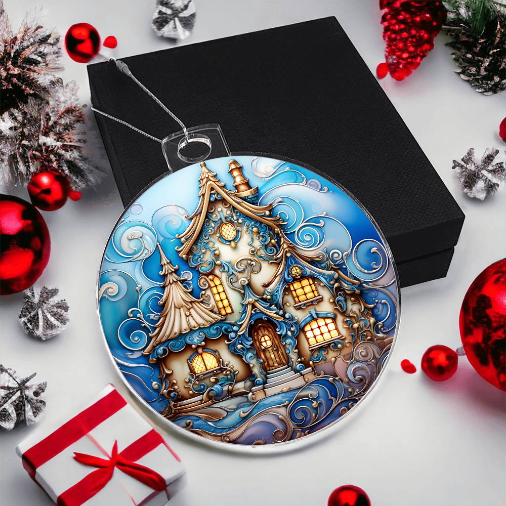 Christmas acrylic ornament with snowy manor design, featuring golden lights and intricate swirls, surrounded by festive decorations.