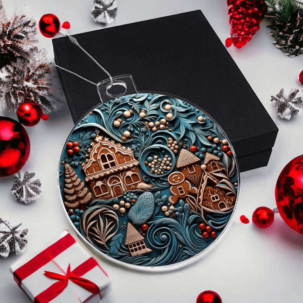 Christmas acrylic ornament featuring a whimsical gingerbread village with festive foliage and intricate details, ideal for holiday decor.