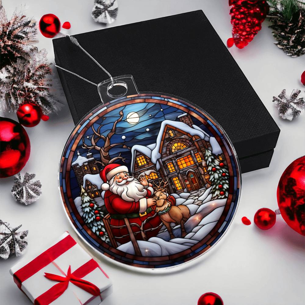 Acrylic ornament featuring Santa and reindeer in a snowy village, perfect for Christmas decor, available at 50% off with free shipping.