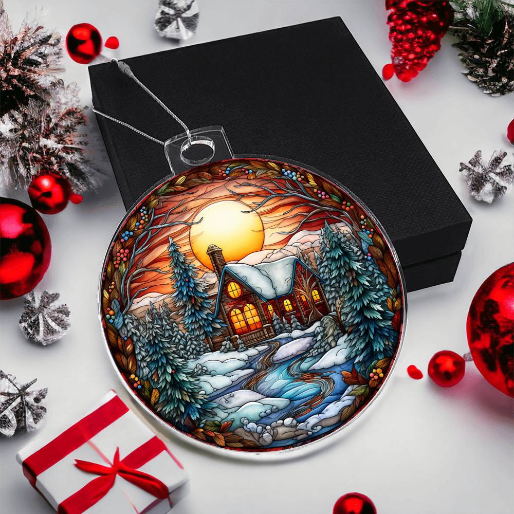 Christmas acrylic ornament featuring a cozy cabin, snow-covered trees, and sunset sky, perfect for rustic holiday decor.