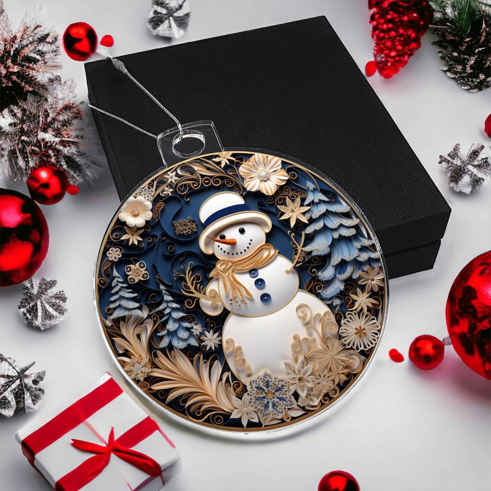 Elegant acrylic snowman ornament with floral snowflake design, surrounded by festive decor and gift box.