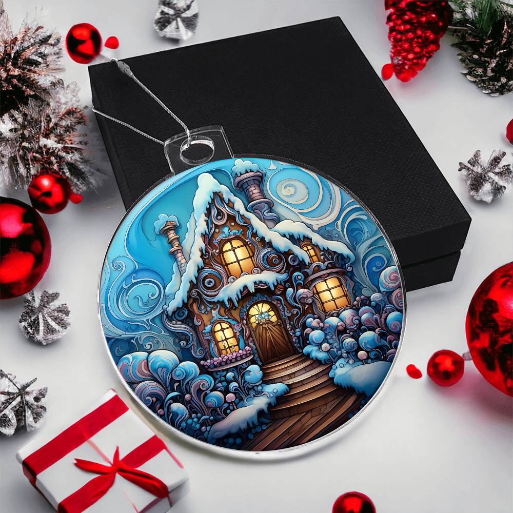 Christmas acrylic ornament with snowy cottage design, featuring swirling patterns, perfect holiday decoration near gift boxes and pine cones.