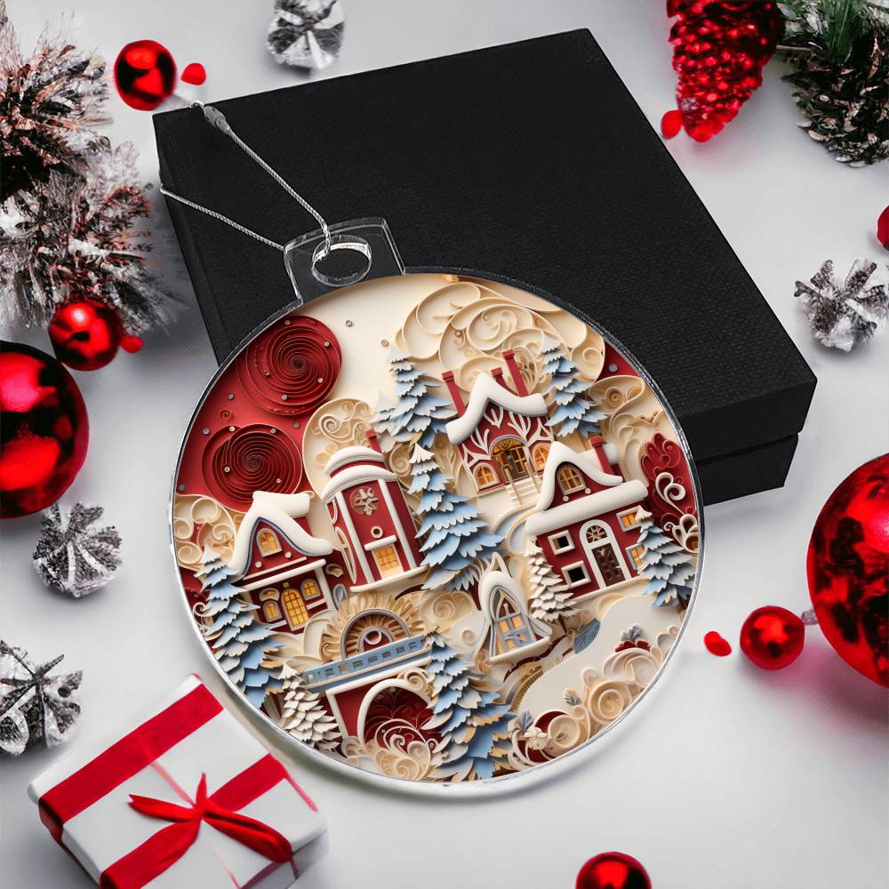 Christmas acrylic ornament featuring a festive village scene with snowy pines, displayed on a black box surrounded by holiday decor.