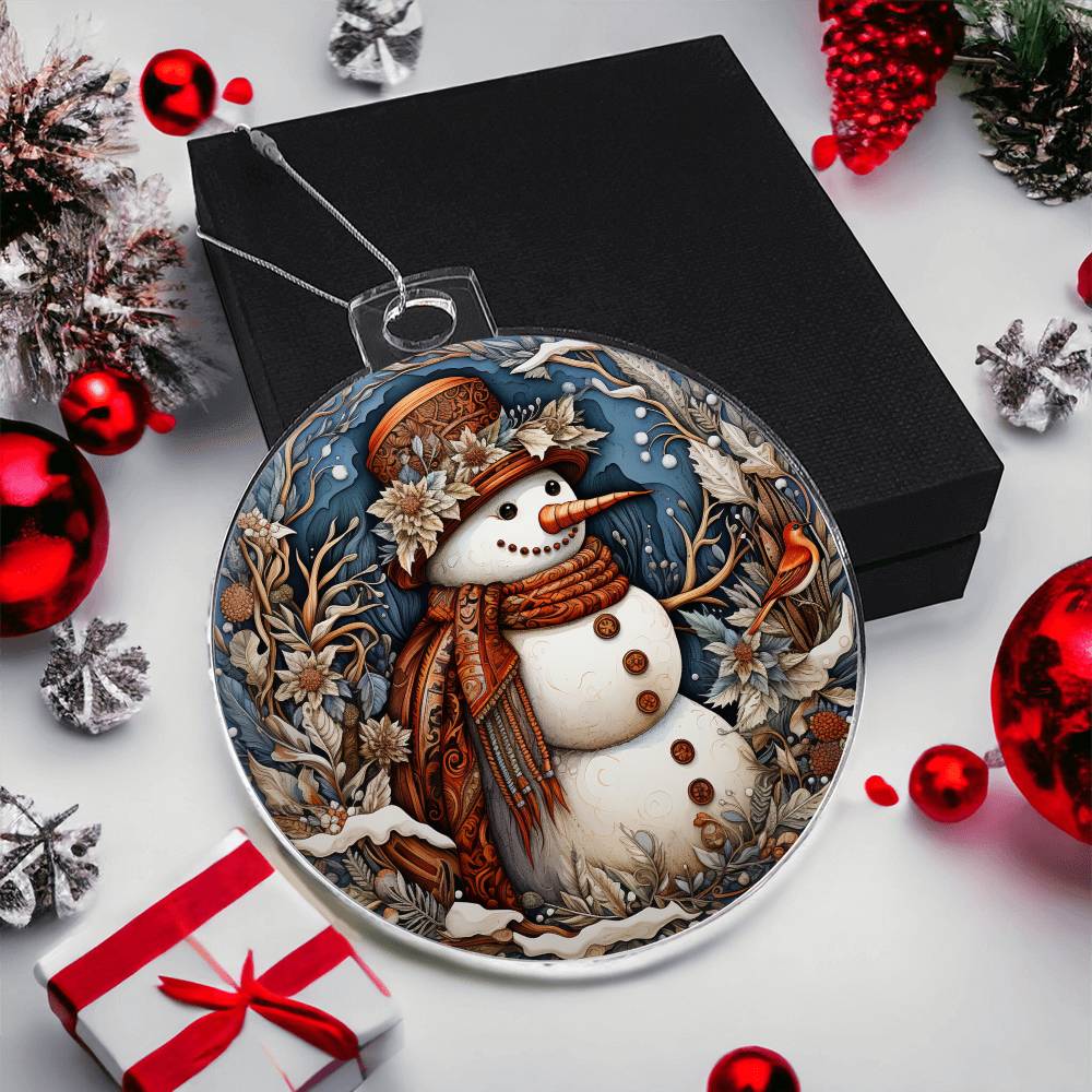 Festive acrylic ornament featuring a snowman with a patterned scarf, winter florals, and a cardinal, perfect for rustic Christmas decor.