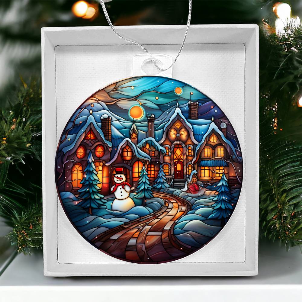 Festive acrylic Christmas ornament featuring a snowy village and cheerful snowman, perfect holiday decor and gift idea.